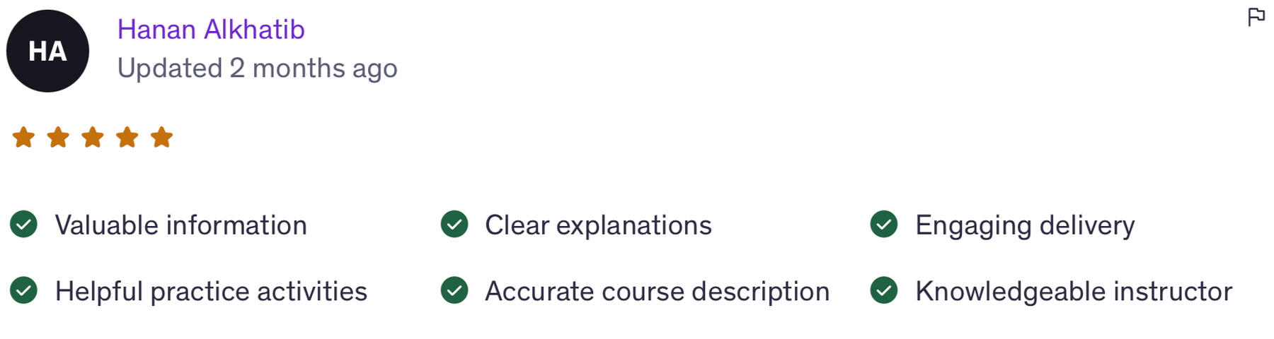 Valuable information · Helpful practice activities · Accurate course description · Clear explanations · Engaging delivery · Knowledgeable instructor – Hanan Alkhatib
